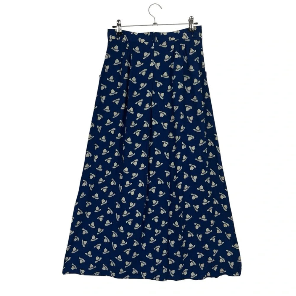 Eileen West Navy Blue A-Line Skirt with Cream Leaf Print - Picture 9 of 9